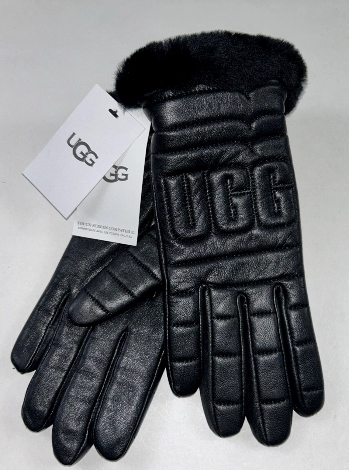 NEW UGG Size M Women's Gloves Black LOGO Leather Quilted Shearling Cuff TOUCH