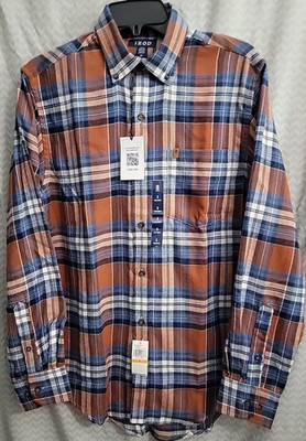 IZOD Stratton Flannel Ginger Bread Plaid Men's Small Blue Orange Button Up Shirt