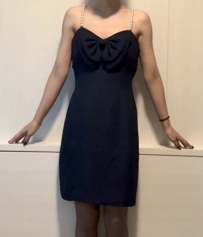 Mini Vestido Vintage Años 80 90 Albert Nipon Studio Perla Correas Lazos en el Pecho Azul Marino Foto 4 de 4