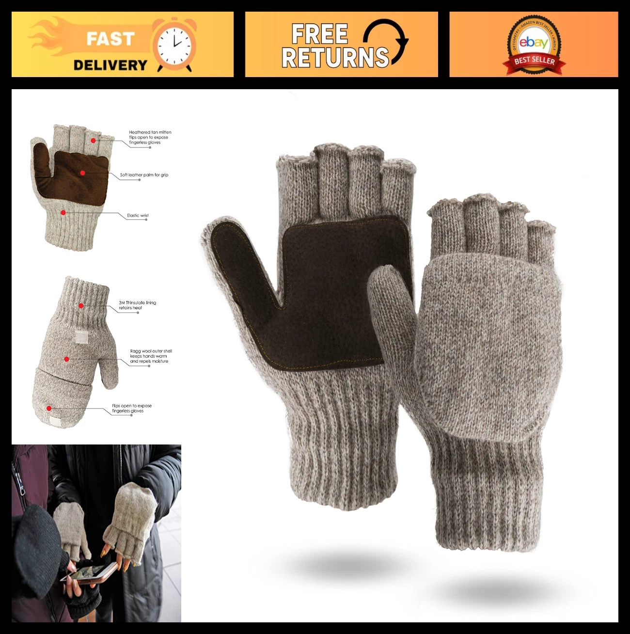 Warm 360° Rag Wool Glomitt Flip Mitten, 3M Thinsulate Insulation, Tan Color