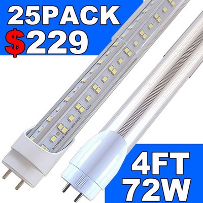 25 PACK T8 G13 72W 4 FT LED Shop Light Bulbs 2 Pin 4FT LED Tube Lights 6500K