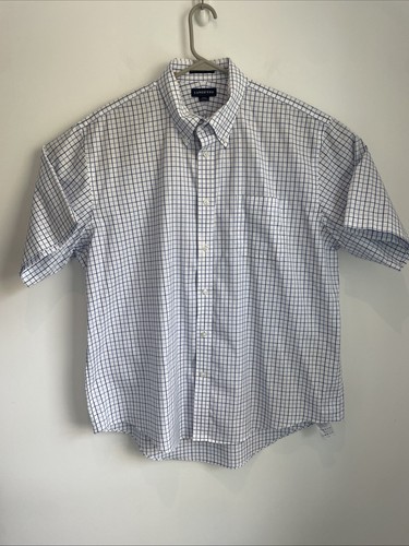 Lands’ End Size XL 17.5 No Iron Pinpoint Oxford Plaid Short Sleeve Shirt Blue