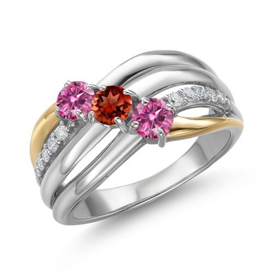 925 Silver and 10K Yellow Gold Pink Moissanite and Garnet and Lab Grown Diamond