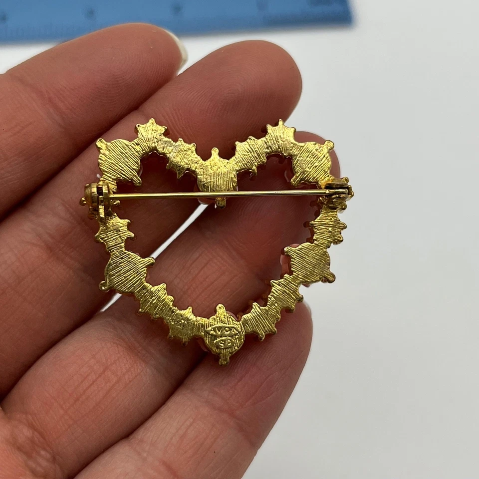 Broche Corazón Vintage Avon Rosa Estrás Tono Dorado Joyería Floral Foto 4 de 4