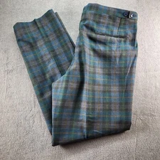 Vtg Worumbo Fabric Tailored By CURLEE Wool Green Blue Plaid Dress Pants No Size