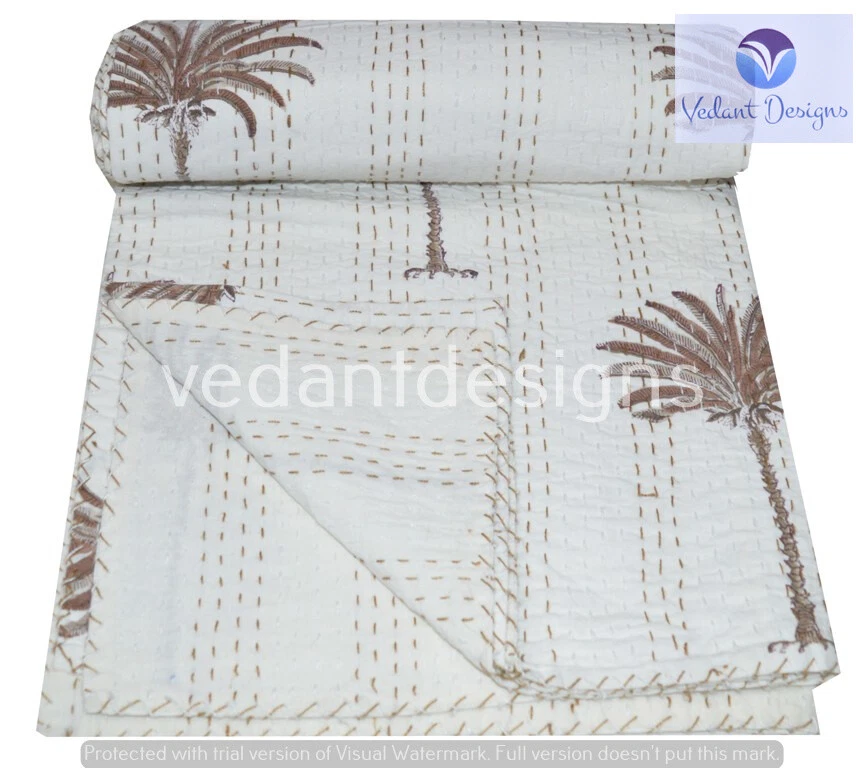 Colcha de algodão feita à mão Indian Tree dupla Kantha - Imagem 2 de 4