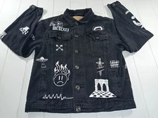 Rue 21 Black Trucker AOP Graphic Grunge Skater Edgy Rocker Androgymous Punk Sz S