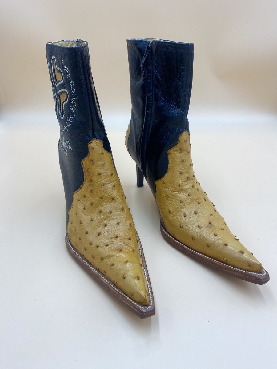 Grand Canyon Leather Ostrich Stiletto Pointed Toe Mid Ankle Boots