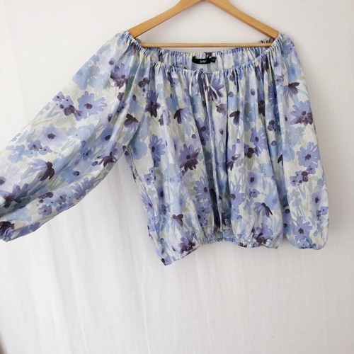 Sportsgirl Linen Blouse Top Size 10-12-14 Blue Green Floral Balloon Sleeve Crop - Picture 9 of 12