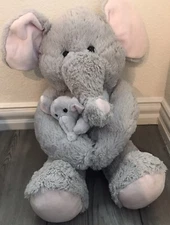 Hugfun 22” Plush Gray Elephant Hugging Baby Pink Ears Soft Free Shipping