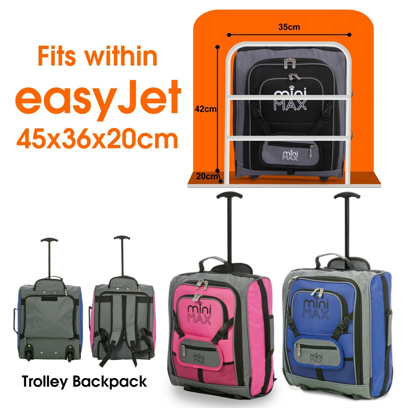 MiniMax easyJet Carry On Cabin Hand Luggage Trolley Backpack Bag Fits  45x36x20