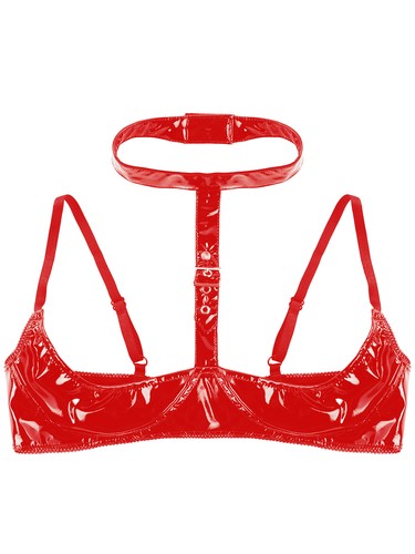 Womens Wet Look Patent Leather Lingerie Halter Neck Open Cups Wire-free Bra Top - 第 23/32 張圖片