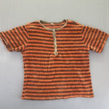 Vintage 70s Terry Cloth Henley Shirt Orange Brown Stripe Surf Beach Mens