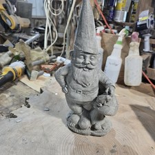Hand Made Cement Gnome Leaning On Shroom With...