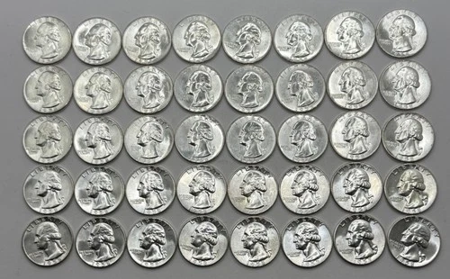1958-P Washington Silver Quarters, Full Uncirculated Roll (40 Coins), 25c, NR.