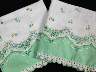 Pair Pillowcases Green Printed Flowers Handmade Crochet Trim Vintage 1960s 70s