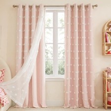 Pom Pom Pink Curtains for Kids Room 84 inches Long, Room Darkening Double Lay...