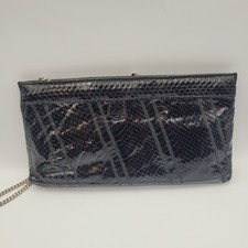 VTG 80s Black Snake Skin Purse Clutch Shoulder Evening Bag Silver Chain Cocktail