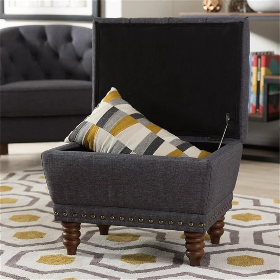 Baxton Studio Annabelle Tufted Storage Ottoman in Dark Gray and Walnut - Image 2 of 4