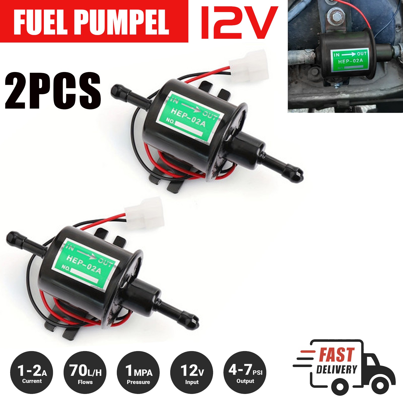 2 Packs 12V Electric Fuel Pump HEP-02A Universal Inline Low Pressure Gas Diesel