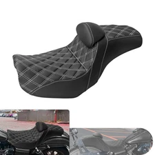 White Lattice Step-Up Stitch Black Seat w/Driver Backrest For Harley Dyna 06-17