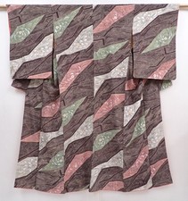 5915T14z850 Vintage Japanese Kimono Silk KOMON Chrysanthemum Dark brown