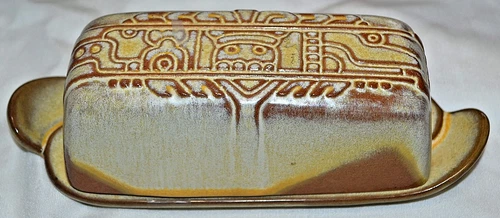 VINTAGE Frankoma Pottery Mayan Aztec Pottery COVERED BUTTER DISH #7K