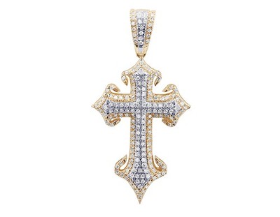 2 Layer 1/2 CT Real Diamond Sword Cross Pendant 1.53'' 10K Yellow Gold
