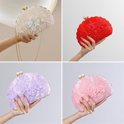 Handmade Ancient Hanfu Embroidered Flower Bag Shell Clip Clutch Party Purse NEW