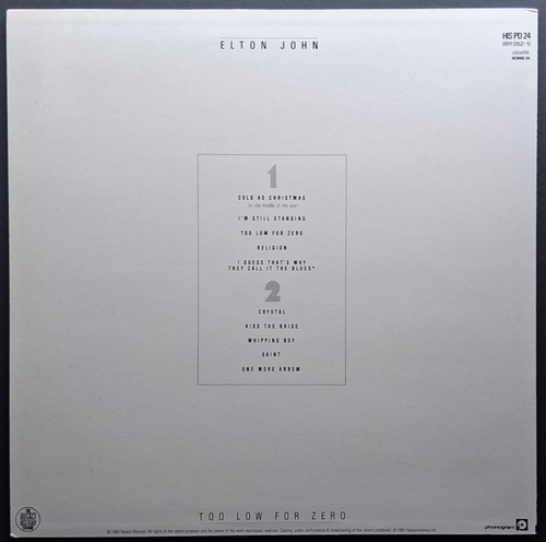 Elton John Rocket Phonogram HISPD 24 Too Low For Zero UK 12" Vinyl LP Sleeve - Picture 2 of 15