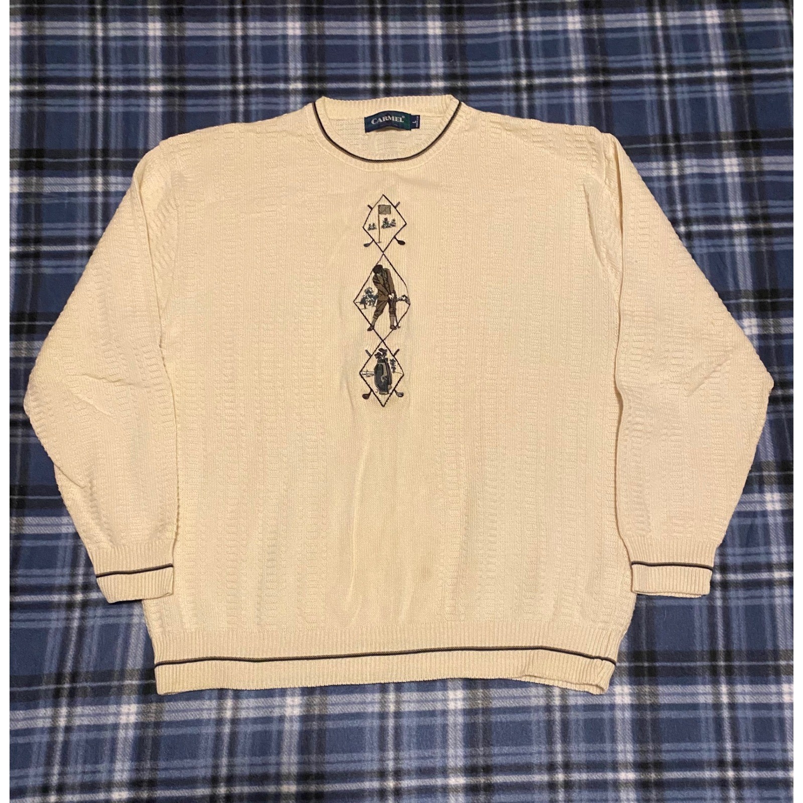 Vintage Carmel Golf Sweater Mens Large Cream Cotton Embroidered Made in USA L