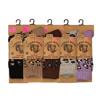 WISHWISE Ladies Merino Wool PROHEAT Leopard Print Socks Warm 2.4 TOG Thermal Winter 4-8