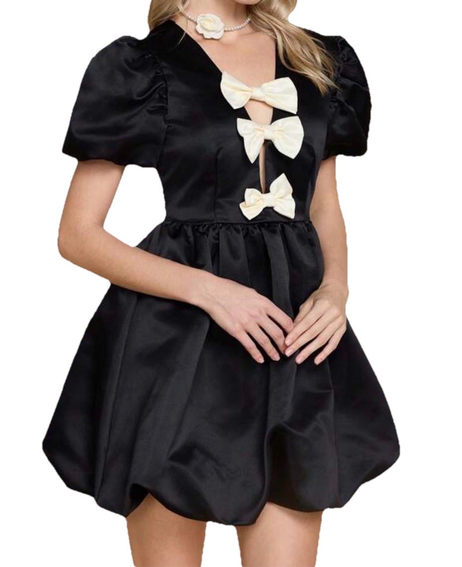 NWT Large Black Satin Goth Mini Dress White Bows Puffy Sleeves Babydoll Peekaboo