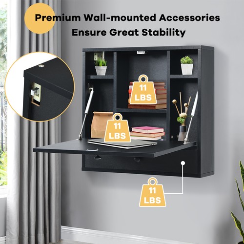Costway Wall-Mount Floating Desk Foldable Space Saving Laptop Workstation Black - Picture 7 of 12