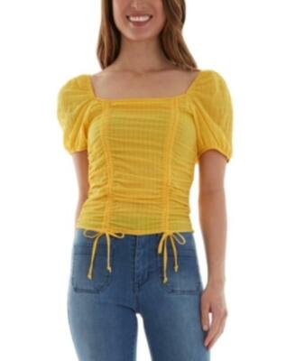 BCX Women's Yellow Ruched Tie-Top Puffy Sleeve Size Medium NWOT