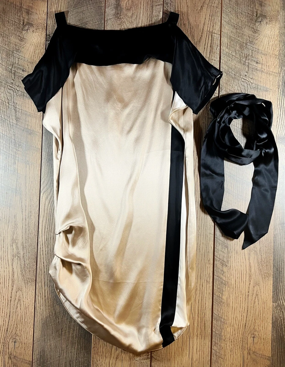 GOLD HAWK Dress Womens Medium Tan Black Silk Ruched Side Stripe