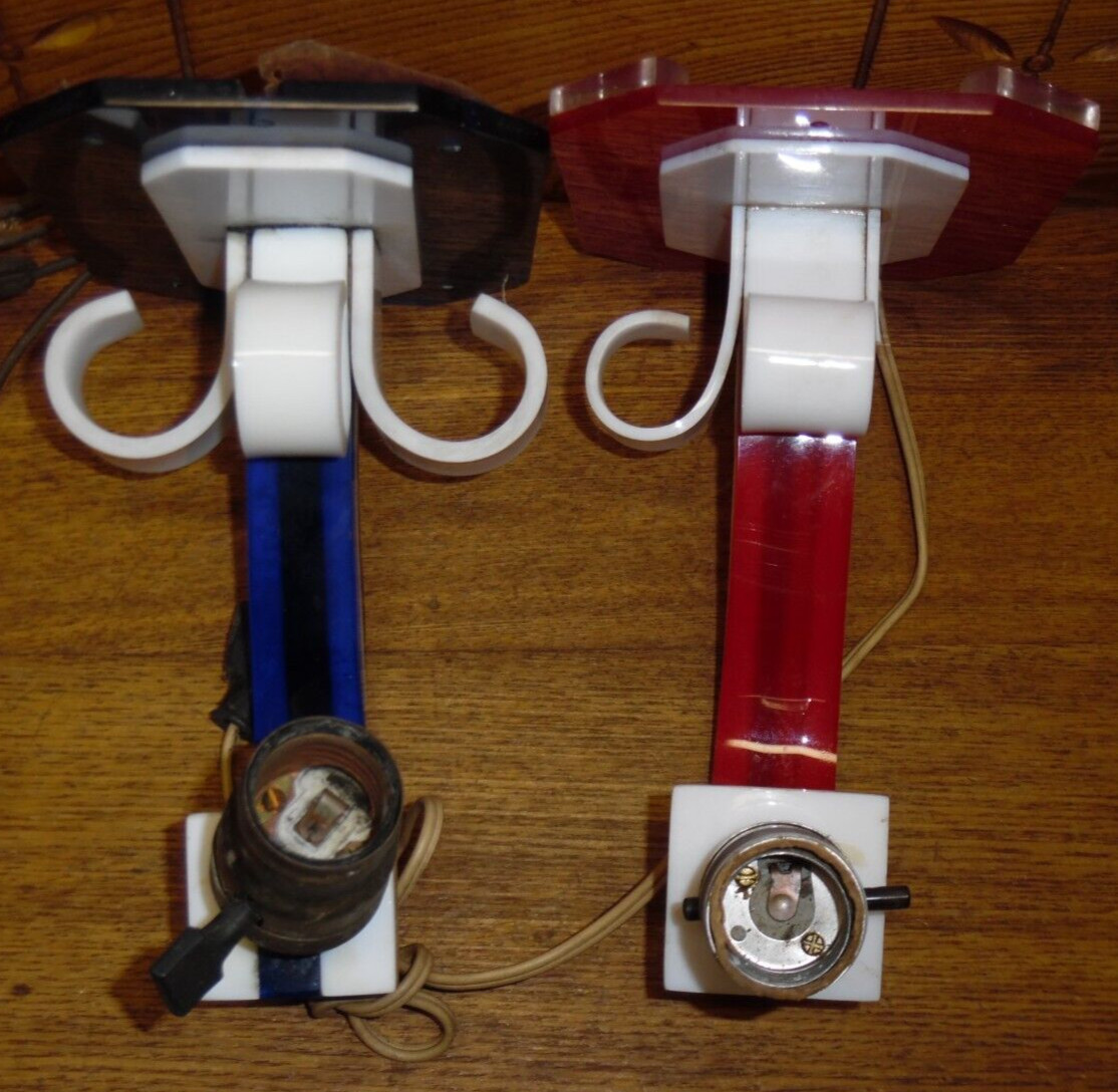 2 Vintage Retro Modern Red & Blue Bakelite Wall Lamp Sconces - AS IS