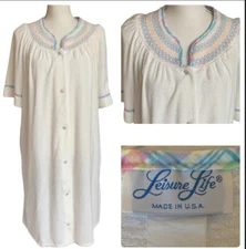 Vtg Leisure Life Terry Cloth Housecoat Robe Lingerie Short Sleeve Snaps Pockets 
