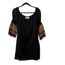 Vava Joy Han Shift Dress Long Bell Sleeve Black Floral Embroidery Womens Size M