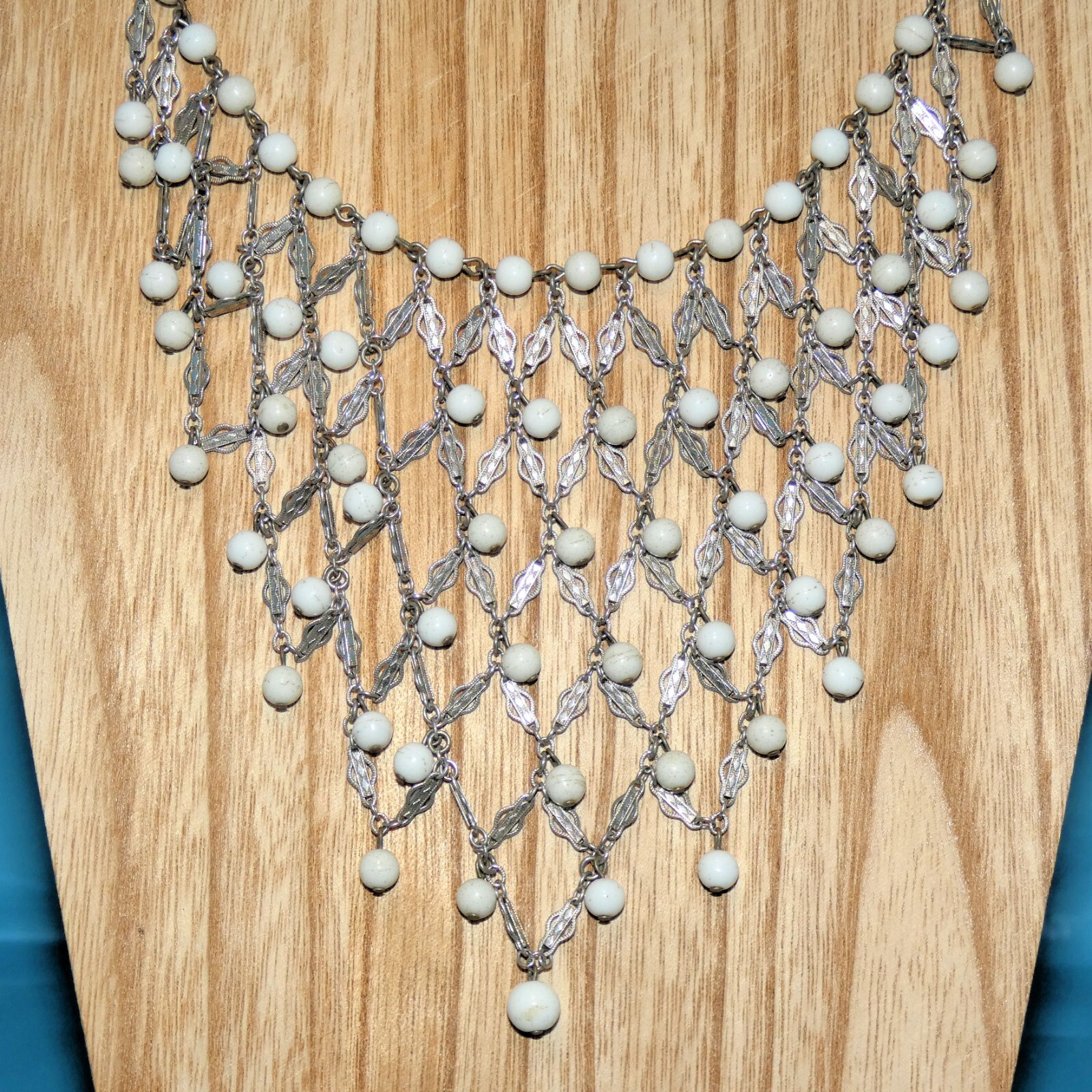 Vintage White Beaded Bib Necklace Silver Tone Chainmail Style Statement Piece eBay