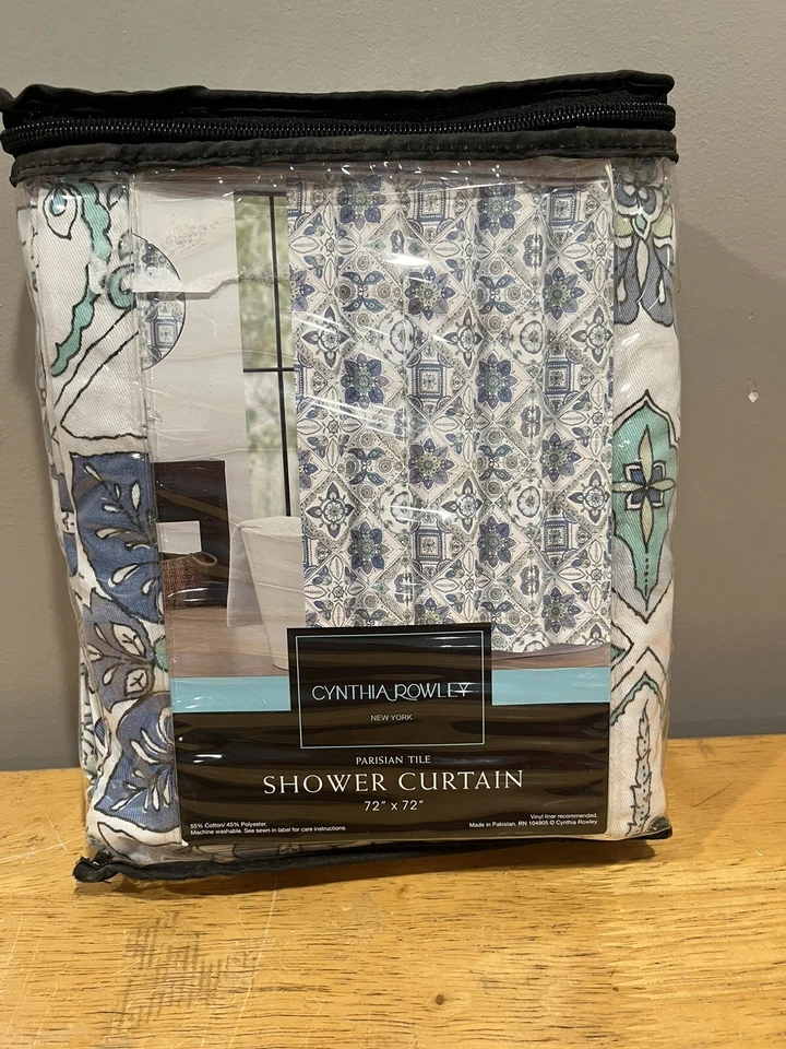 CYNTHIA ROWLEY Azulejo Parisino Azul Teal Mezcla de Algodón Tela Cortina de Ducha 72x72" Foto 2 de 2