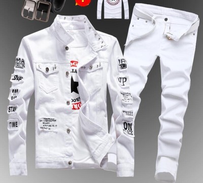 Herren Denim Ripped Jeans Mantel Hosen Anzug Baumwolle Casual Jacke Hosen Slim