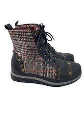 LArtiste Spring Step Rehja Tweed Lace Up Boots Size 37 Round Toe Studded Leather