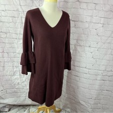 ann taylor burgundy sweater dress sz medium ruffle bell sleeve V-neck