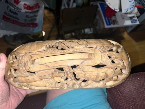 Vintage African Wood Hand Carved Animal Bread Basket Box Tiger Lion Elephant - Bild 14 von 19
