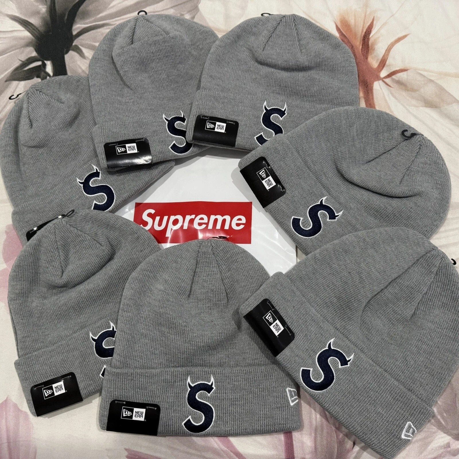 BULK LOT   FW22 SUPREME NEW ERA S LOGO BEANIES GREY   NWT   SUMMER CLEARANCE!