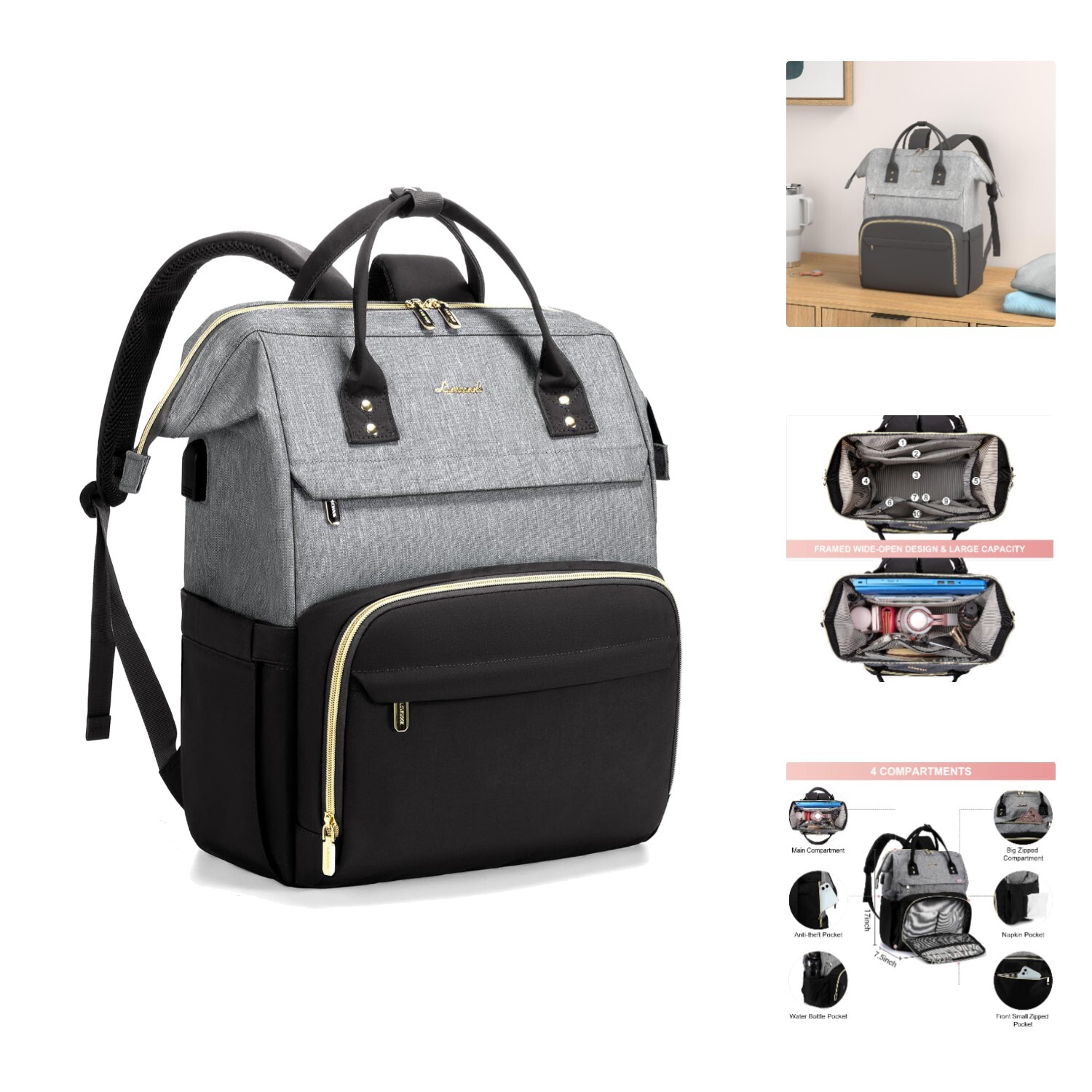 17 Inch Waterproof Laptop Backpack for Women - Stylish Work & Travel Purse with Nursing Pockets-image