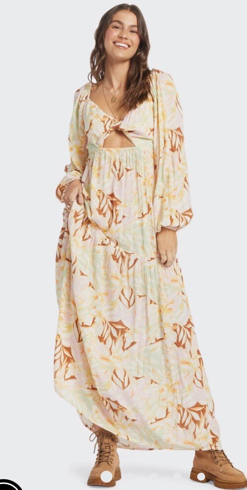 Roxy On Holiday Maxi Dress V-Neck Long Sleeve Key Hole Size XS