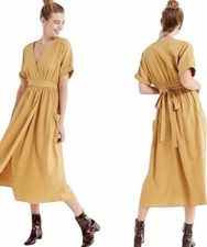 Urban Outfitters Gabrielle Gold 55% Linen Midi Wrap Dress lagenlook M