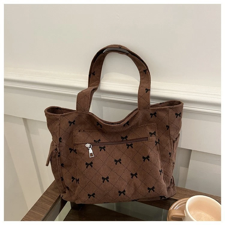 Bolso de Mano Coquette Pana Marrón Estampado de Lazo Cartera de Hombro Gran Capacidad Multi-P Foto 2 de 4